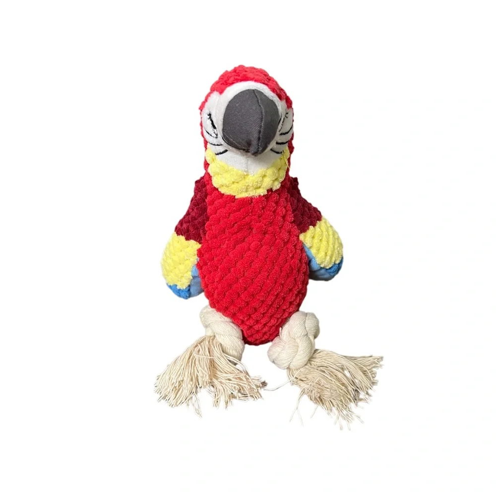 Squeaky Plush Parrot Dog Toy – Crinkle Wings & Rope Legs